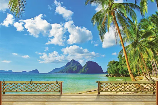 מדבקת טפט של מרפסת עץ עם נוף יפיפה לים