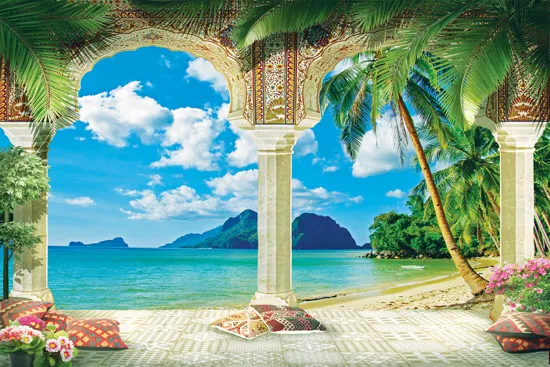 מדבקת טפט של מרפסת יפה עם נוף לים