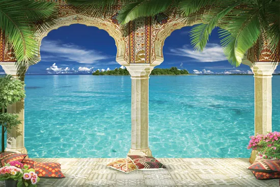 מדבקת טפט מעוצבת של מרפסת עם נוף לים כחול