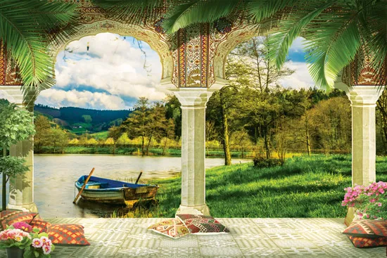 מדבקת טפט מעוצבת של מרפסת עם נוף לאגם עם סירה