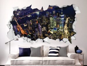 מדבקת קיר | חור תלת מימדי עם נוף לעיר יפיפה בלילה