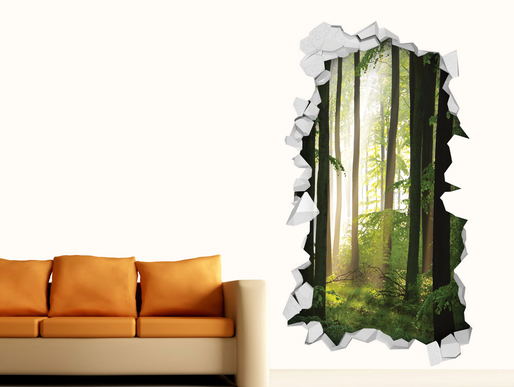 מדבקת קיר | חור תלת מימדי עם נוף של יער יפיפה