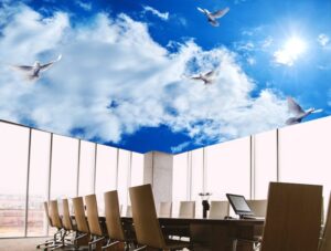 טפט לתקרה | שמים כחולים עם יונים לבנות