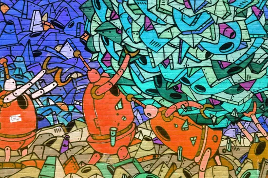 טפט | גרפיטי רובוטים בגוונים של כחול וכתום