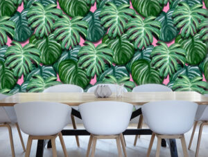 טפט - עלים ירוקים על רקע ורוד