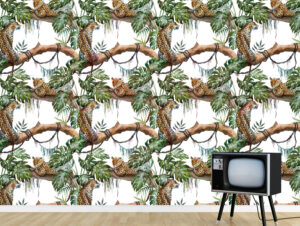 טפט - נמרים על עצים - רקע לבן