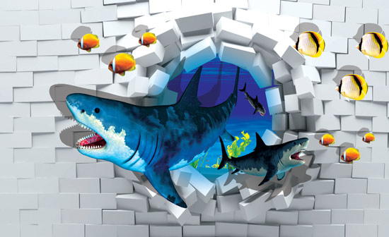 טפט של כרישים פורצים מתוך הקיר