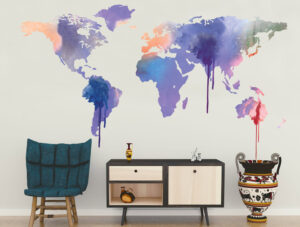 מדבקת מפת עולם עם נזילות סגולות