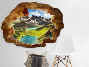 מדבקת חור בקיר להרים עם אגם