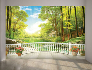 מרפסת עם נוף יפה של אגם עם בית קטן ביער