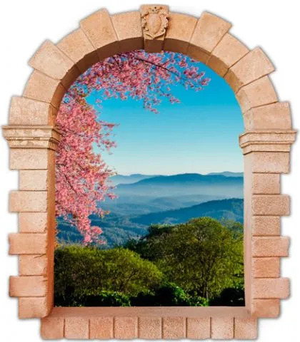 חלון עתיק להרים ועץ פורח