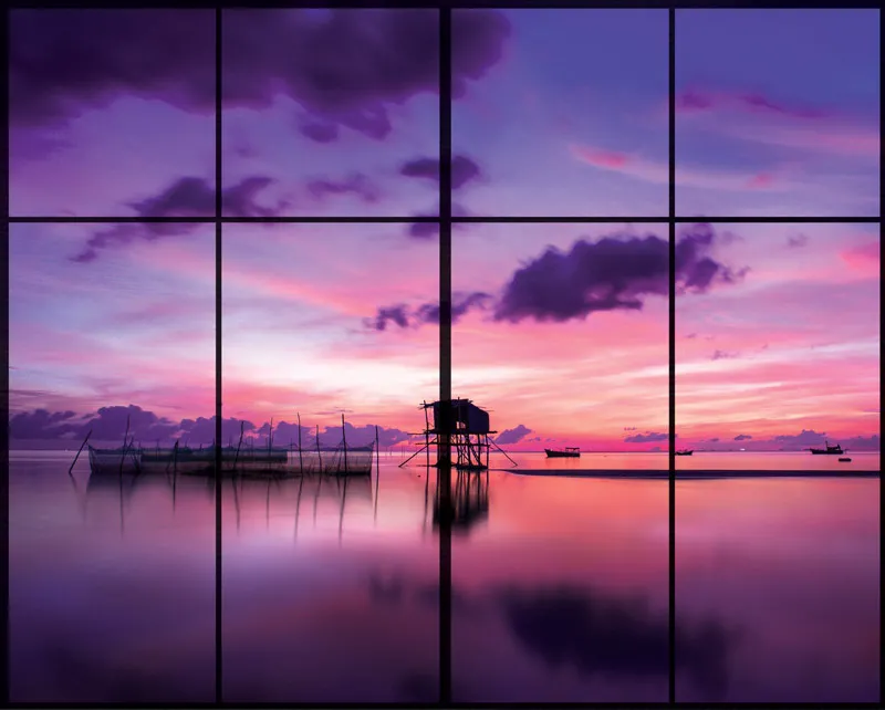 מדבקת חלון עם שקיעה סגולה