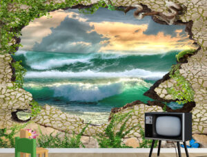 מדבקת טפט - חור בקיר גלים בים
