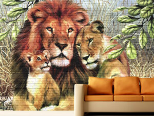 מדבקת טפט | גרפיטי משפחת אריות על קיר בריקים