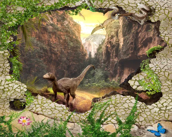 מדבקת טפט - חור בקיר דינוזאורים