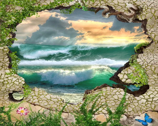 מדבקת טפט - חור בקיר גלים בים