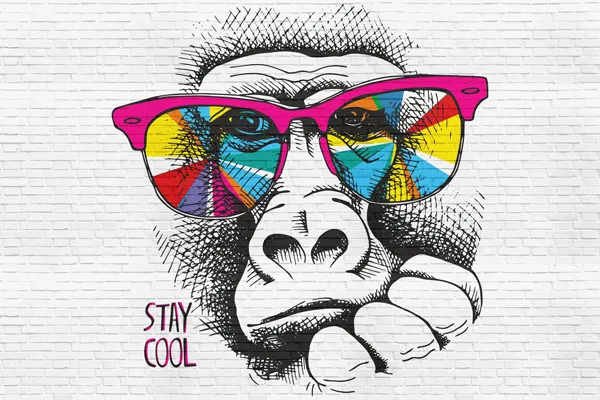 מדבקת טפט - גרפיטי קוף על קיר בריקים