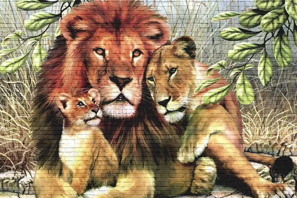 מדבקת טפט | גרפיטי משפחת אריות על קיר בריקים