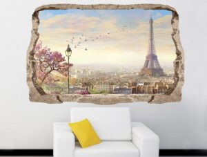 מדבקת קיר | חור בקיר ונוף לפריז