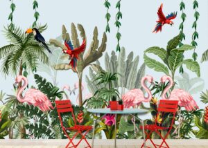 מדבקת טפט | יער וציפורים צבעוניות