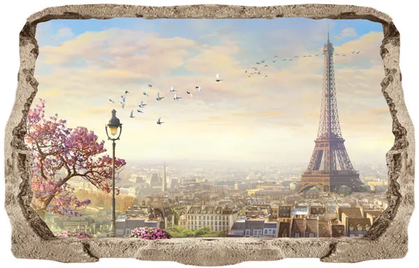 מדבקת קיר | חור בקיר ונוף לפריז