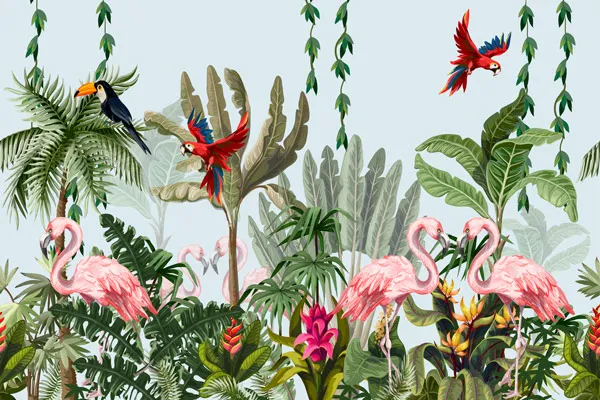 מדבקת טפט | יער וציפורים צבעוניות