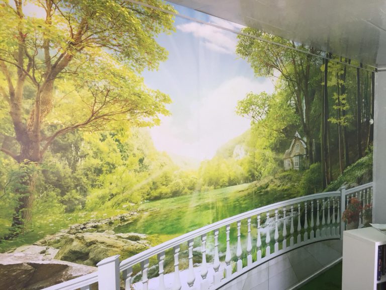 נוף יפה של אגם עם בית קטן ביער