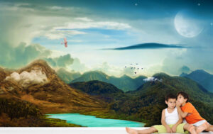 טפט - נוף אגם וירח