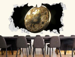 מדבקת קיר - חור בקיר ומטבע ביטקוין