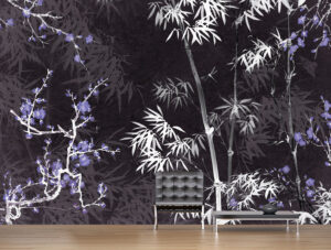 טפט - עצים ועלים מאויירים בגווני אפור כהה וכחול