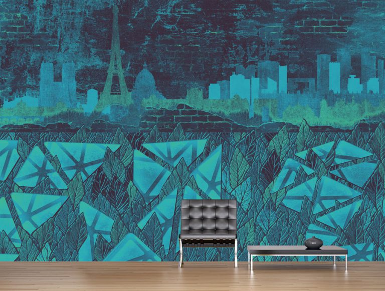 טפט - עיצוב ציור קיר  צרפת בגווני כחול