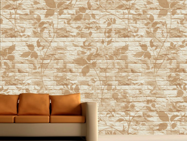 טפט - קיר בריקים וצמח מטפס מצוייר בגווני כתום