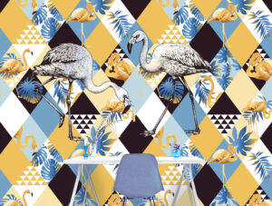 טפט - מעויינים ופלמינגו  כחול צהוב