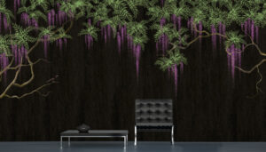 טפט - עצים ופרחים סגולים מאויירים על רקע שחור