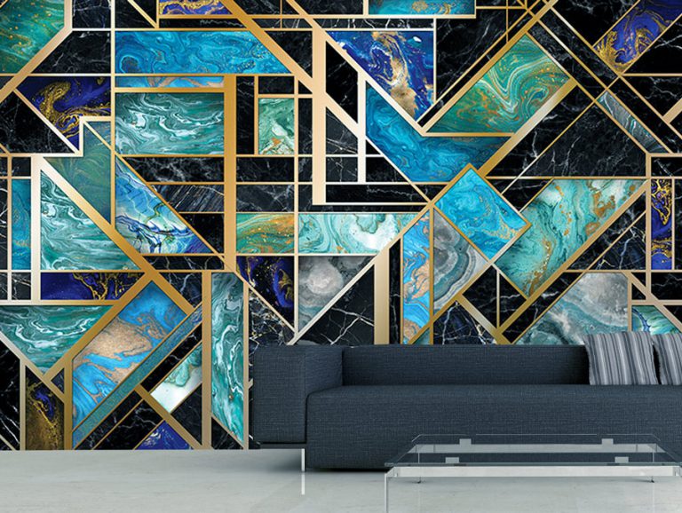 טפט - שיש שחור כחול ופסי זהב