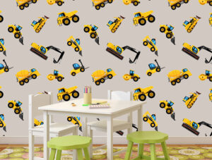 טפט - טרקטורים צהובים ורקע חום