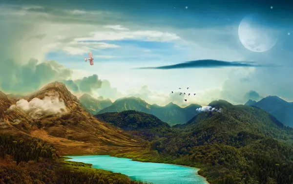 טפט - נוף אגם וירח