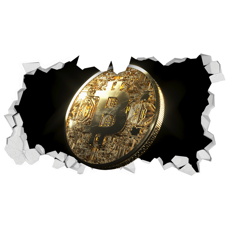 מדבקת קיר - חור בקיר ומטבע ביטקוין