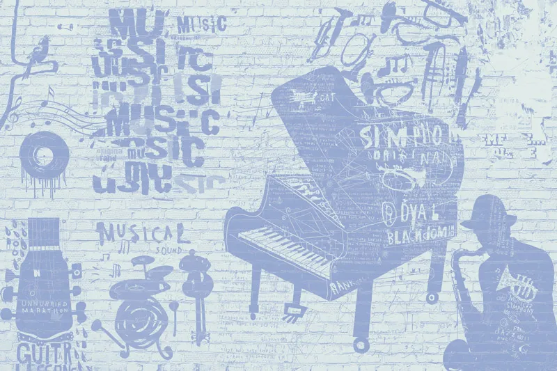 טפט - מוזיקה גרפיטי בגווני כחול ותכלת בהיר