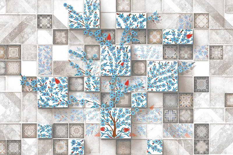 טפט - אריחים וציור עץ