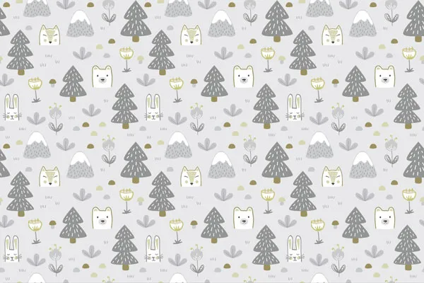 טפט - יער מעוצב וחיות חמודות אפור צהבהב