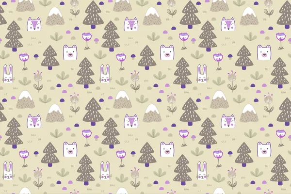 טפט - יער מעוצב וחיות חמודות סגול צהבהב