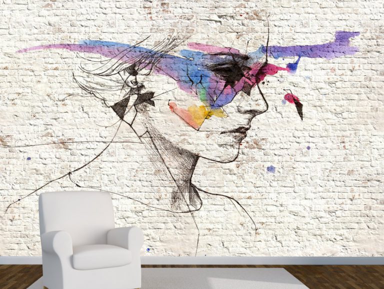 מדבקת טפט - בריקים לבנים ואישה מאויירת