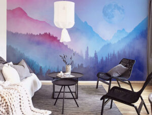 מדבקת טפט - הרים בצבעי מים כחול ורוד