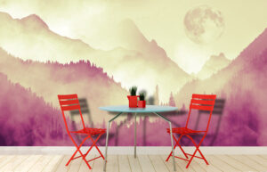 מדבקת טפט - הרים ורוד צהוב בצבעי מים