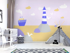 מדבקת טפט - אוניה כחולה בים כתום