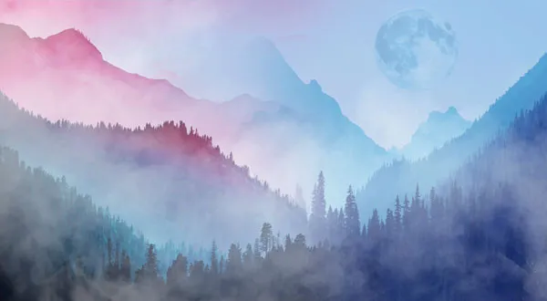 מדבקת טפט - הרים בצבעי מים כחול ורוד