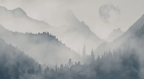 מדבקת טפט - הרים אפור כחול בצבעי מים