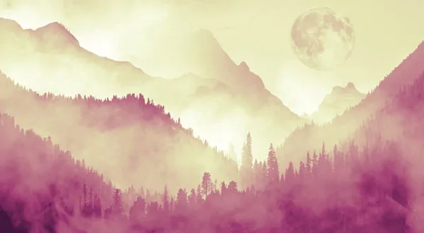 מדבקת טפט - הרים ורוד צהוב בצבעי מים