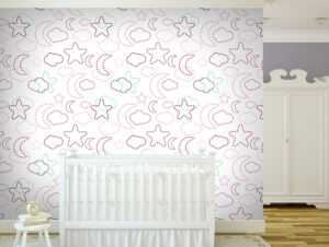 מדבקת טפט | ירח וכוכבים מפוספסים ורוד תורכיז